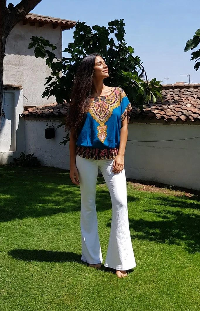Blusón, caftán estilo étnico, azul turquesa y dorado - SuiteBlanco. Talla Única